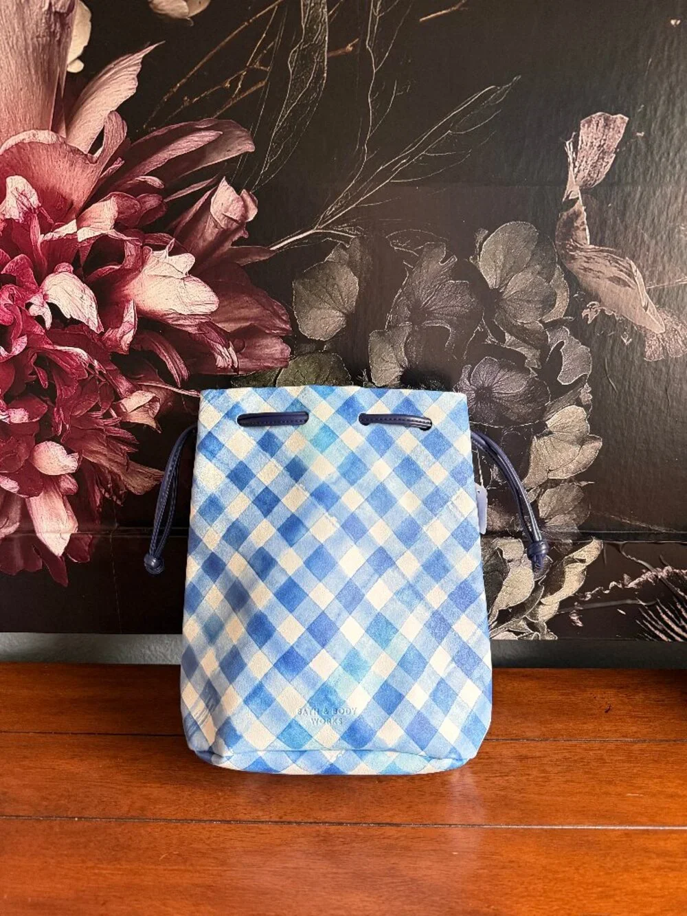 NEW 2-Pc Bath & Body Works Blue Gingham Drawstring Bucket Bag